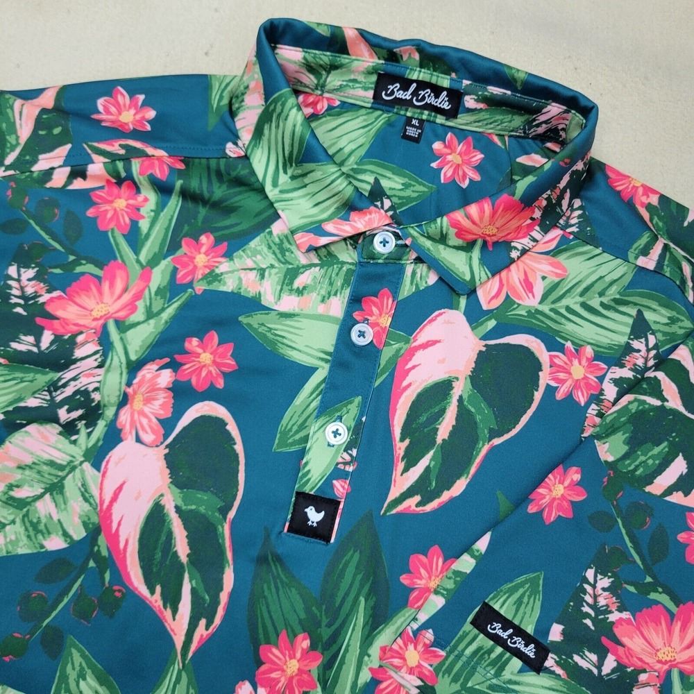 Bad Birdie Bad Botanist Performance Stretch Mens XL‎ Green Floral Golf Polo